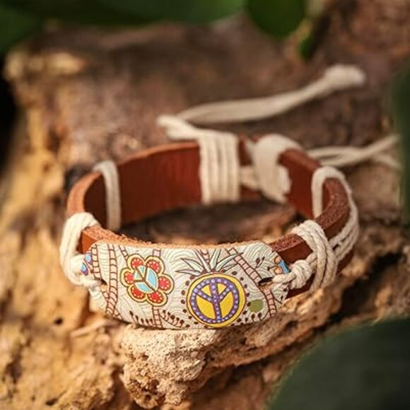 Boho Retro Style Rope Braided Cowhide Bracelet Love Peace Sign Pendant Floral - Picture 4 of 4
